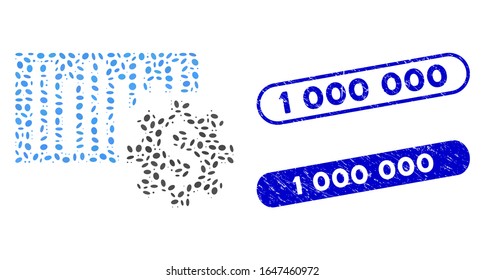 Mosaic barcode price setup and rubber stamp seals with 1 000 000 caption. Mosaic vector barcode price setup is formed with scattered ellipse parts. 1 000 000 stamp seals use blue color,