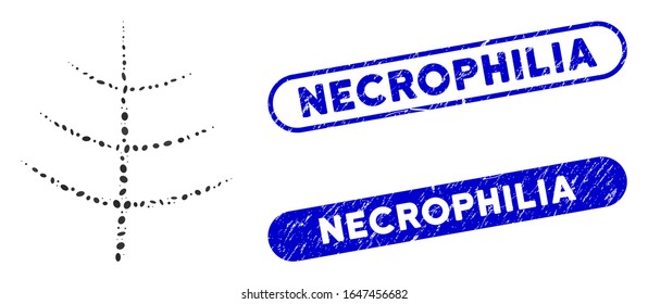 Sellos de sellos de goma y árbol desnudo mosaico con texto de necrofilia. El árbol desnudo vectorial mosaico se crea con elementos elípticos dispersos. Los sellos de sellos de sellos de necrofilia utilizan el color azul y tienen forma rectangular redonda.