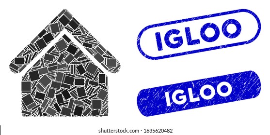 Mosaic base building and corroded stamp seals with Igloo text. Mosaic vector base building is composed with scattered rectangles. Igloo stamp seals use blue color, and have round rectangle shape.