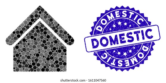 Mosaic base building icon and rubber stamp seal with Domestic caption. Mosaic vector is created with base building icon and with random round elements. Domestic stamp seal uses blue color,