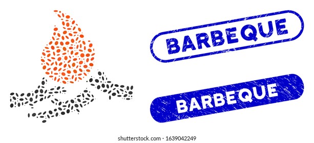 Mosaic bastard campfire and corroded stamp seals with Barbeque phrase. Mosaic vector bastard campfire is created with randomized ellipse parts. Barbeque stamp seals use blue color,
