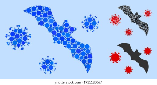 Icono del virus del murciélago mosaico diseñado a partir de elementos esféricos en tamaños, posiciones y proporciones variables. Los elementos esféricos azules vectoriales se combinan en un icono abstracto del virus del murciélago de collage. Fondo azul claro.