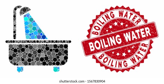 Mosaic bath and grunge stamp seal with Boiling Water text. Mosaic vector is formed with bath icon and with random circle spots. Boiling Water stamp seal uses red color, and rubber surface.