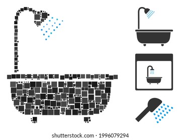 Mosaic Bath shower icon composed of square items in various sizes and color hues. Vector square items are grouped into abstract mosaic bath shower icon. Bonus icons are placed.