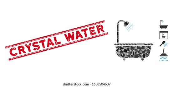 Mosaic bath shower icon and red Crystal Water stamp between double parallel lines. Flat vector bath shower mosaic icon of scattered rotated rectangular elements.
