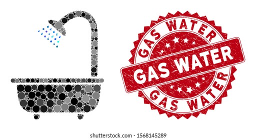 Mosaic bath shower and rubber stamp seal with Gas Water caption. Mosaic vector is formed from bath shower icon and with scattered round items. Gas Water stamp uses red color, and rubber design.