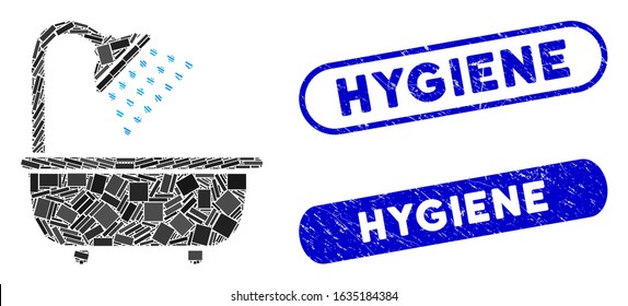 Mosaic bath shower and rubber stamp seals with Hygiene phrase. Mosaic vector bath shower is created with randomized rectangle items. Hygiene stamp seals use blue color, and have round rectangle shape.