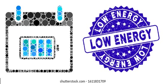 Mosaic battery calendar day icon and rubber stamp watermark with Low Energy phrase. Mosaic vector is composed from battery calendar day icon and with random round elements.