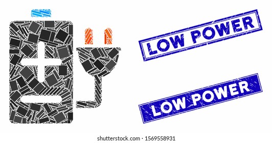 Mosaic battery charge icon and rectangle rubber prints. Flat vector battery charge mosaic icon of scattered rotated rectangle elements. Blue caption rubber stamps with corroded textures.