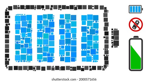 Das Mosaik Battery Symbol ist aus quadratischen Elementen in unterschiedlichen Größen und Farbtönen gebaut. Vektorquadratische Elemente sind in abstrakte Collage Batteriesymbol geordnet. Bonuspiktogramme werden hinzugefügt.