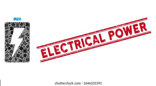 Mosaic battery icon and red Electrical Power rubber print between double parallel lines. Flat vector battery mosaic icon of randomized rotated rectangle elements.