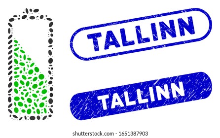 Mosaic battery level and corroded stamp watermarks with Tallinn caption. Mosaic vector battery level is formed with random oval items. Tallinn stamp seals use blue color,