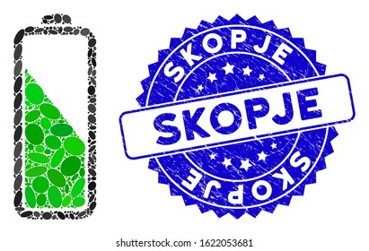 Mosaic battery level icon and rubber stamp seal with Skopje caption. Mosaic vector is composed from battery level icon and with scattered ellipse spots. Skopje stamp seal uses blue color,