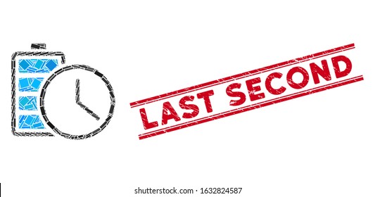 Mosaic battery time icon and red Last Second seal stamp between double parallel lines. Flat vector battery time mosaic icon of randomized rotated rectangular items.