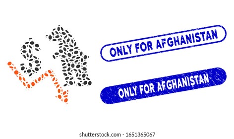 Mosaik trägt den Dollar-Trend und bedrückte Stempelsiegel mit Nur für Afghanistan-Text. Mosaik Vektorillustration Bär Dollar Trend ist mit randomisierten Ellipse-Elemente zusammengesetzt.