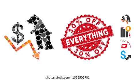 Mosaic bear dollar trend icon and grunge stamp seal with 30% Off Everything phrase. Mosaic vector is formed with bear dollar trend pictogram and with random circle elements.
