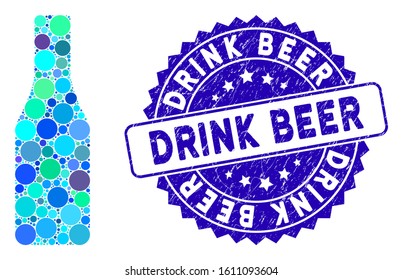 Mosaic beer bottle icon and rubber stamp seal with Drink Beer caption. Mosaic vector is composed with beer bottle pictogram and with scattered circle elements. Drink Beer stamp seal uses blue color,