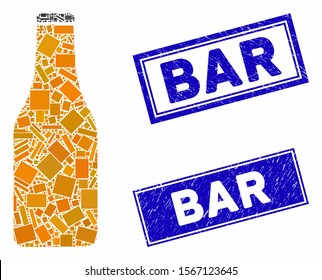 Mosaic beer bottle pictogram and rectangle watermarks. Flat vector beer bottle mosaic pictogram of randomized rotated rectangle elements. Blue caption rubber stamps with distress texture.