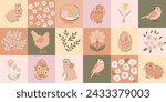 Mosaic beige Easter holiday seamless pattern with hand drawn eggs, rabbit bunny, hen, chicken, flowers, birds. Vector repeat background, print, cover template, wallpaper, floral spring textile design.