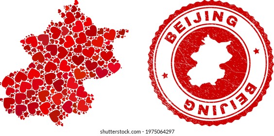 Mosaic Beijing City map composed from red love hearts, and rubber stamp. Vector lovely round red rubber seal imprint with Beijing City map inside.
