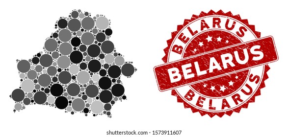 Mosaic Belarus map and circle seal stamp. Flat vector Belarus map mosaic of scattered circle items. Red stamp imprint with grunge design. Designed for political and patriotic purposes.