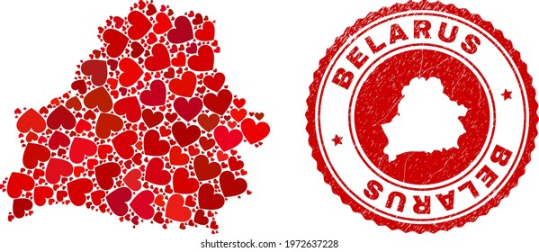 Mosaic Belarus map composed with red love hearts, and grunge seal. Vector lovely round red rubber seal imitation with Belarus map inside. Geographic abstraction of Belarus map with red dating symbols.