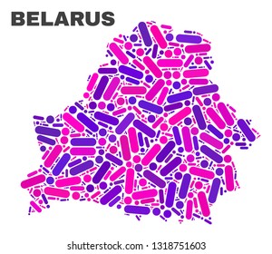 Mosaic Belarus map isolated on a white background. Vector geographic abstraction in pink and violet colors. Mosaic of Belarus map combined of scattered circle dots and lines.