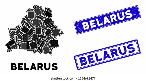 Mosaic Belarus map and rectangle rubber prints. Flat vector Belarus map mosaic of randomized rotated rectangular items. Blue caption rubber seals with corroded textures.