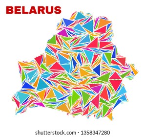 Mosaic Belarus map of triangles in bright colors isolated on a white background. Triangular collage in shape of Belarus map. Abstract design for patriotic purposes.