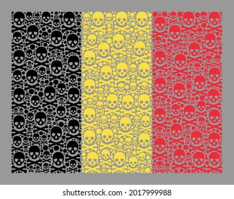 Mosaik Belgien Fahne mit Schädelikonen entworfen. Piratenvektorrechteck sammelt Belgien-Flagge kombiniert für Hacker-Wallpaper. Entwickelt für politische oder patriotische Collagen.