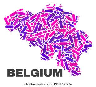 Mosaic Belgium map isolated on a white background. Vector geographic abstraction in pink and violet colors. Mosaic of Belgium map combined of random circle points and lines.