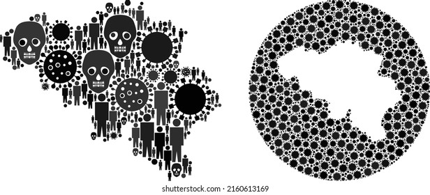 Mosaik Belgien Karte aus Grippevirus-Symbolen und Population und Skelettgegenständen organisiert. Grippevirus Belgien kartographieren Mosaik mit Kreis und ausgeschnittenen Form. Für Isolationsprojekte erstellte Collages.