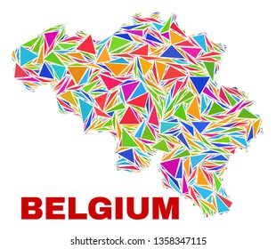 Mosaic Belgium map of triangles in bright colors isolated on a white background. Triangular collage in shape of Belgium map. Abstract design for patriotic decoration.