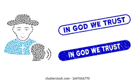 Mosaic believer confession and distressed stamp watermarks with In God We Trust caption. Mosaic vector believer confession is formed with random ellipse pieces.
