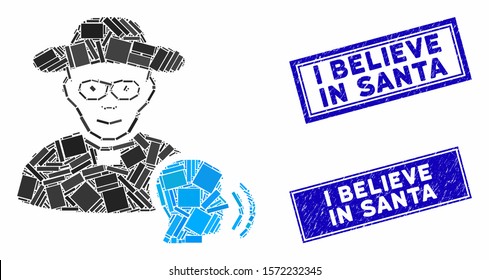 Mosaic believer confession pictogram and rectangle I Believe in Santa seal stamps. Flat vector believer confession mosaic pictogram of scattered rotated rectangular elements.