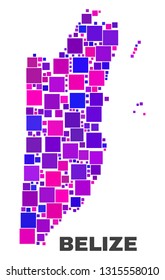 Mosaic Belize map isolated on a white background. Vector geographic abstraction in pink and violet colors. Mosaic of Belize map combined of scattered small squares.