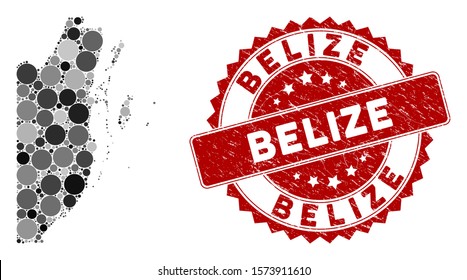 Mosaic Belize map and round rubber print. Flat vector Belize map mosaic of randomized round items. Red rubber stamp with rubber texture. Designed for political and patriotic promotion.