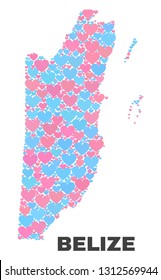 Mosaic Belize map of valentine hearts in pink and blue colors isolated on a white background. Lovely heart collage in shape of Belize map. Abstract design for Valentine illustrations.
