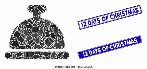Mosaic bell icon and rectangle stamps. Flat vector bell mosaic icon of scattered rotated rectangle items. Blue caption stamps with scratched textures.