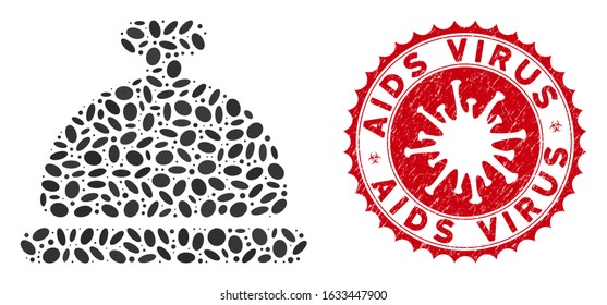Mosaic bell icon and red rounded grunge stamp seal with AIDS Virus text and coronavirus symbol. Mosaic vector is designed from bell icon and with random oval spots.