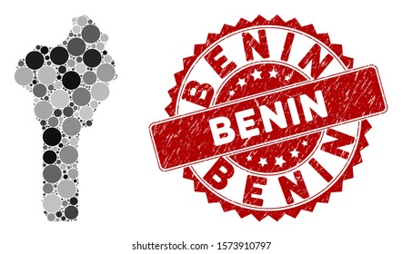 Mosaic Benin map and circle seal stamp. Flat vector Benin map mosaic of scattered circle items. Red stamp with scratched texture. Designed for political and patriotic propaganda.