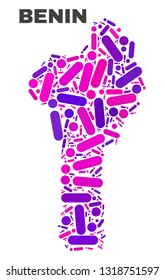 Mosaic Benin map isolated on a white background. Vector geographic abstraction in pink and violet colors. Mosaic of Benin map combined of random round points and lines.