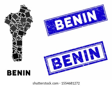 Mosaic Benin map and rectangular seal stamps. Flat vector Benin map mosaic of randomized rotated rectangular elements. Blue caption stamps with grunge textures.