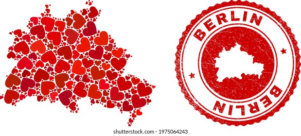 Mosaic Berlin City map designed with red love hearts, and rubber stamp. Vector lovely round red rubber seal stamp imprint with Berlin City map inside.