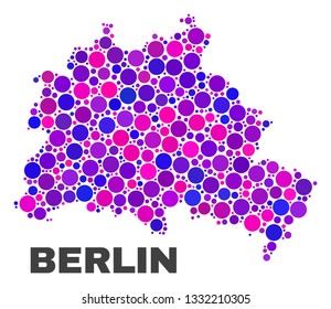 Mosaic Berlin City map isolated on a white background. Vector geographic abstraction in pink and violet colors. Mosaic of Berlin City map combined of random spheric items.