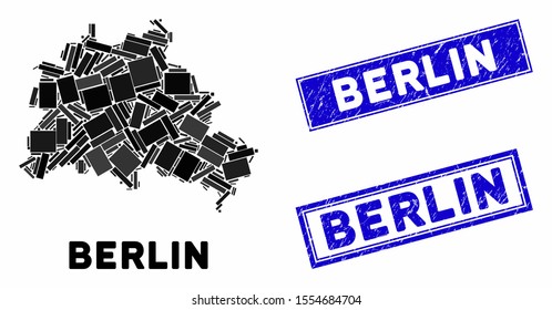 Mosaic Berlin City map and rectangle seals. Flat vector Berlin City map mosaic of random rotated rectangle elements. Blue caption rubber seals with scratched texture.