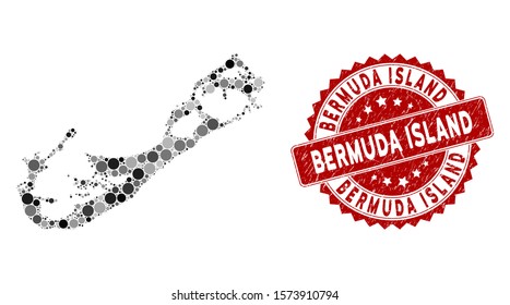 Mosaic Bermuda Island map and round seal stamp. Flat vector Bermuda Island map mosaic of randomized round items. Red stamp imprint with grunge design.
