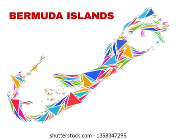 Mosaic Bermuda Islands map of triangles in bright colors isolated on a white background. Triangular collage in shape of Bermuda Islands map. Abstract design for patriotic decoration.