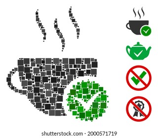 Mosaic Best coffee icon designed from square items in various sizes and color hues. Vector square items are organized into abstract mosaic best coffee icon. Bonus icons are added.