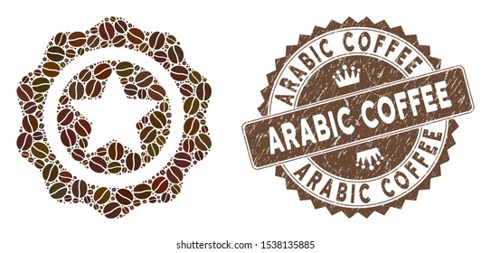 Mosaic best quality and corroded stamp seal with Arabic Coffee phrase. Mosaic vector best quality is composed with grain. Arabic Coffee stamp uses brown color.
